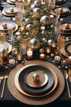 a table set with black and gold plates, silverware and christmas tree decorations on it