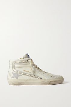 EXCLUSIVE AT NET-A-PORTER. Golden Goose has a penchant for retro skate styles, so the silhouette and hand-distressing of this 'Slide' pair will look and feel familiar. They're crafted from supple leather and suede and detailed with the label's unmistakable insignia dipped in light-catching glitter. Lustrous faux pearl embellishments trace the sides. Golden Goose Slide Sneakers, Slide Golden Goose, Cute Golden Goose Shoes, High Golden Goose, Golden Goose Sneakers Outfit High Tops, Pearl Golden Goose, Golden Goose Sneakers High Tops, Mid Star Golden Goose, High Top Golden Goose