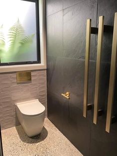 a bathroom with a white toilet sitting next to a large window and a gold handle