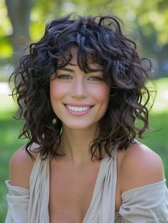 Curly Shoulder Length Hair With Bangs, Shoulder Length Curly Hair With Layers Natural Wavy Bobs, Curly Hair Bob With Bangs, Curly Fringe Hairstyles, Curly Short Hair With Bangs, Shoulder Length Curly Hair With Bangs, Short Curly Shag With Bangs, Short Curly Hairstyles With Bangs, Shoulder Length Curly Hair With Layers