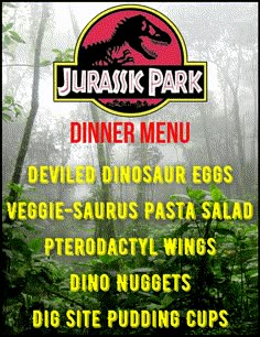 a menu for a dinosaur dinner in the forest