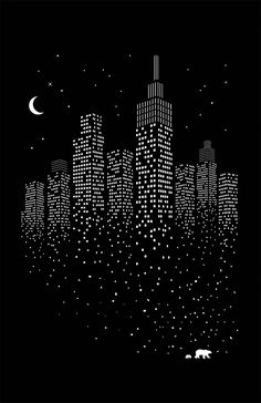 an image of a city at night with the moon in the sky and stars all over it