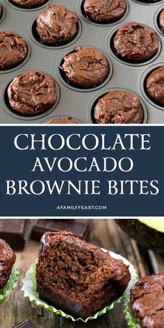 chocolate avocado brownie bites in muffin tins with text overlay