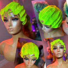 Vibrant neon green finger wave short cut - hardfront wig Finger Wave, Drag Wigs, Finger Waves, Birthday Hair, Short Cut, Naples Fl, Best Acrylic Nails, Short Cuts, Neon Green