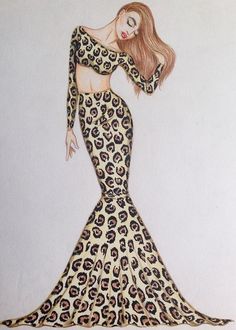 a drawing of a woman in a leopard print dress with her arms behind her back