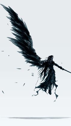 an artistic image of a person with wings flying through the air and holding a stick