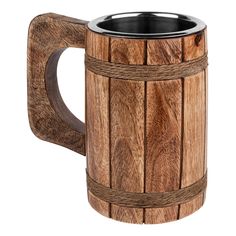 a wooden mug with a metal lid and handle