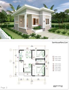 two story house plan with floor plans and measurements for the front porch, living area and bedroom