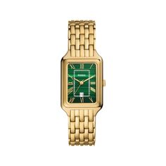 The rectangular Raquel quartz watch from Fossil is a new classic, updated for the current moment. 26mm rectangular gold-tone ion-plated stainless steel case Genuine green malachite stone dial with gold-tone hands and markers, date display and mineral crystal Brushed and polished gold-tone seven-link bracelet with push-button fold-over clasp Water-resistant to 50 meters Emerald Watch, Fossil Watches Women, 21 Birthday, Father Time, Fossil Watch, Green Malachite, Malachite Stone, Fossil Watches, Kay Jewelers