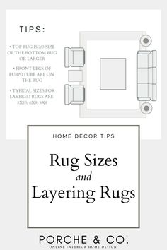 a white and black poster with the words rug sizes and layering rugs on it