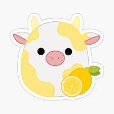 a sticker with a cow holding a lemon