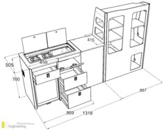 a drawing of an oven and refrigerator with the door open to show it's drawers