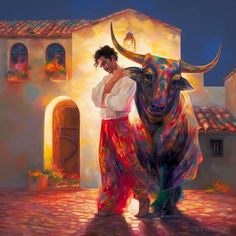 a painting of a man standing next to a bull