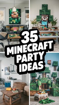 the living room is decorated in minecraft party decorations and furniture, including couches, tables