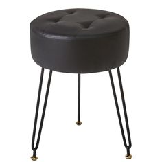 a black stool with metal legs and a buttoned seat on the bottom, in front of a white background