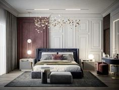 a bedroom with a large bed and chandelier hanging from the ceiling