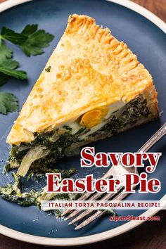 a slice of savory easter pie on a blue plate with a fork and parsley