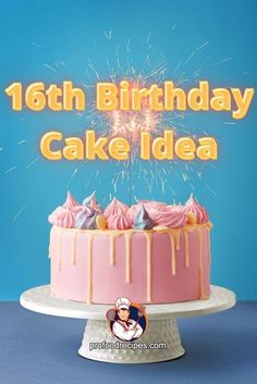 a birthday cake with pink icing and sprinkles is on a blue background