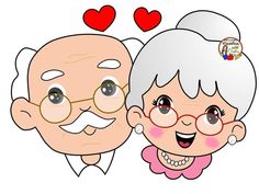 an old couple with glasses and hearts on their foreheads are looking at each other