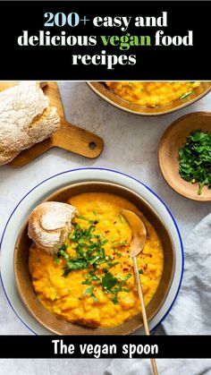 the vegan spoon is in a bowl next to two bowls with food on them