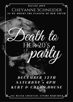 a black and white flyer for a party with a skull in the middle, on a dark background