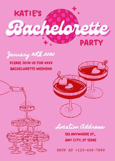 a pink party flyer with an image of two martinis and the words bachelor party on it