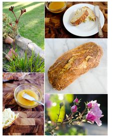 a collage of photos with food and flowers