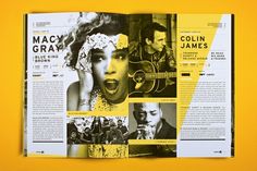 an open magazine with images of people and music on the front cover, in black and yellow