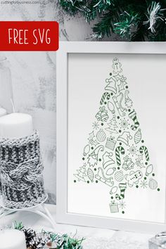 a christmas tree is shown in front of some candles and other holiday decorations with the text free svg