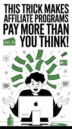 a poster with money coming out of the computer screen that says, this trick makes affiate programs pay more than you think