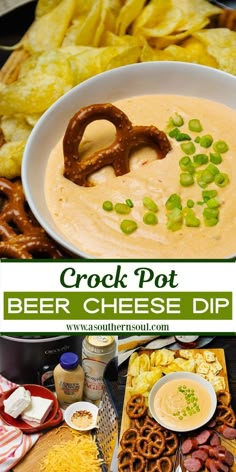 a bowl of beer cheese dip with pretzels and crackers on the side