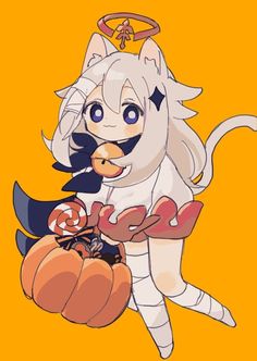 an anime character is holding a pumpkin in her hand and looking like she's going to eat it