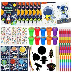 the space coloring kit includes markers, crayons, stickers, and more