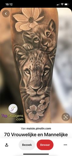 an image of a tiger and lion tattoo on someone's leg, with the caption