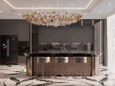 an elegant kitchen with marble floors and gold accents