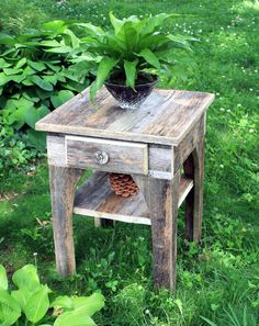 an old wooden table with a potted plant on top in the middle of some grass