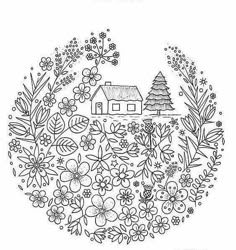 a black and white drawing of a house surrounded by flowers