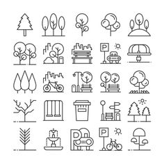 trees and park icons are shown in this set, which includes various types of trees