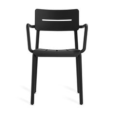 a black plastic chair with arms and legs, viewed from the front on a white background