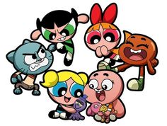 the powerpuff girls cartoon characters with their faces drawn in different colors and sizes