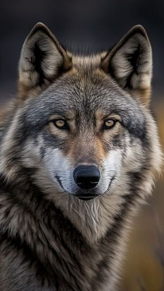 a gray wolf staring at the camera with an intense look on it's face