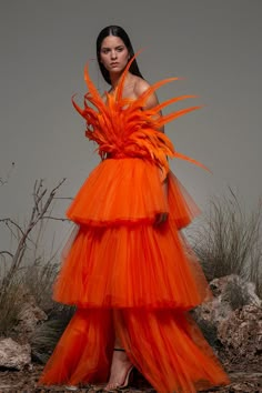 Feathered bodice tulle tiered dress - HerTrove Feather Fashion Couture, The Earth Aesthetic, Tulle Tiered Dress, Tulle Costumes, Orange Clothes, Spring Fashion Show, Orange Maxi Skirt, Junk Kouture, Earth Aesthetic