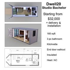 the plans for a tiny house are shown in three different sizes and colors, including one with