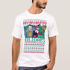 Batman Happy Holidays Joker & Harley Quinn T-shirt, Men's, Size: Adult S, White Gender: male. Pattern: graphic. Joker Harley Quinn, Joker Harley, Batman Shirt, Joker And Harley Quinn