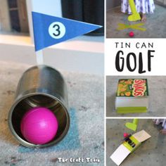 this is a collage of photos showing how to make a tin can golf game