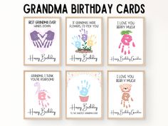 six handprinted birthday cards with the words, i love you happy mom and grandma