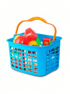 a blue plastic basket filled with toys on top of a white background and an orange handle