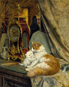 an orange and white cat sitting on top of a chair next to a clock in a room