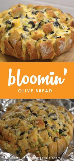 a close up of food on a pan with the words bloomin'olive bread