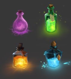 four bottles with different colored liquids in them on a dark background, one is green and the other is blue